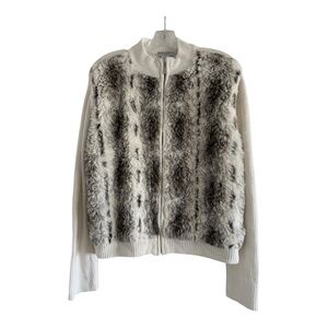 DRAPER’S & DAMON’S Women CreamBlack Faux Fur Jacket Knit Sleeve Sweater-PETITE M